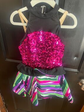 Revolution Kids Dance Costume - Hot Pink Sequin & Multicolor Stripes
